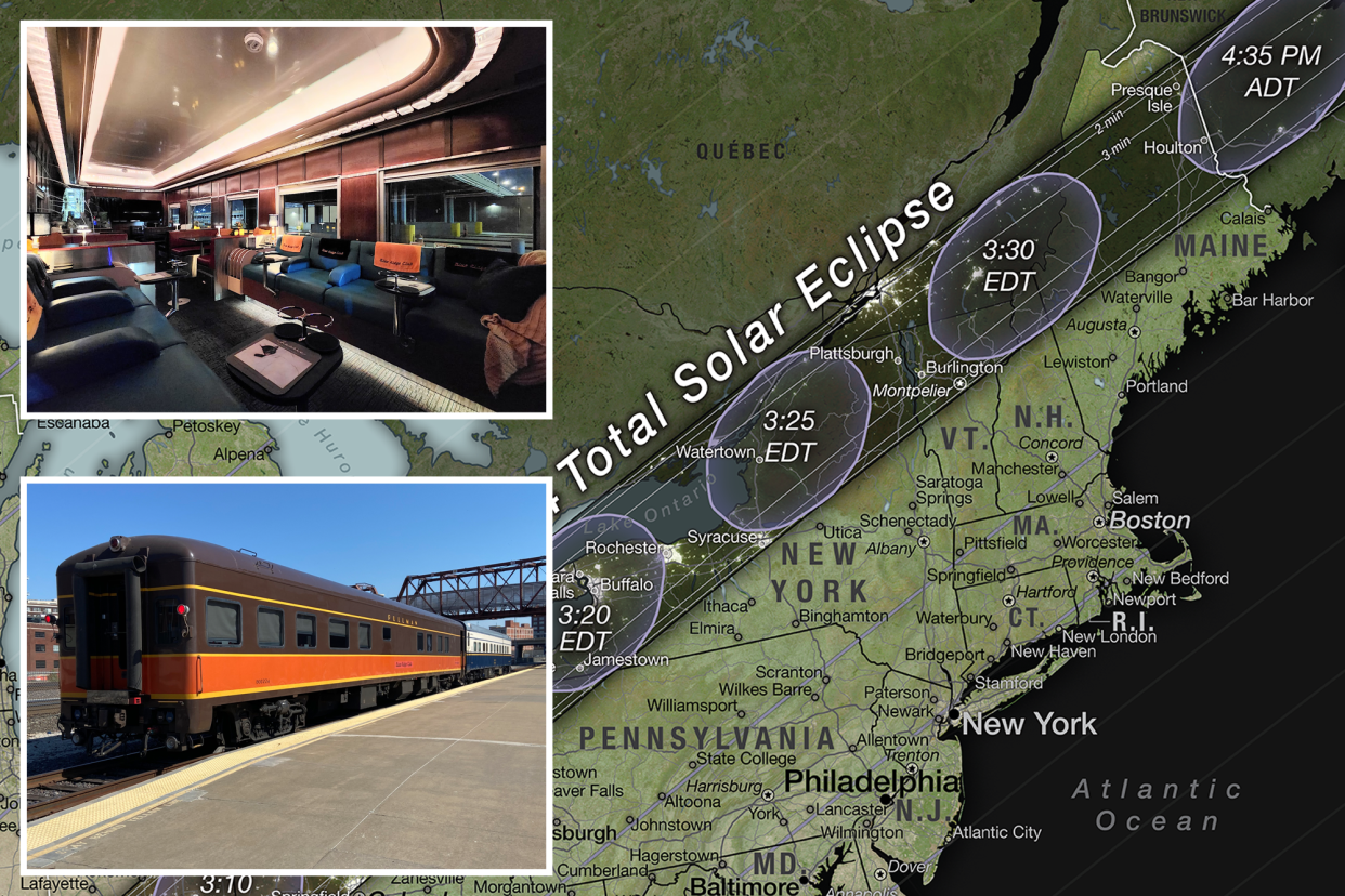 A composite photo of a vintage train, the inside of the trains and a map of the NYC to Niagara trip to see the solar eclipse on April 8.