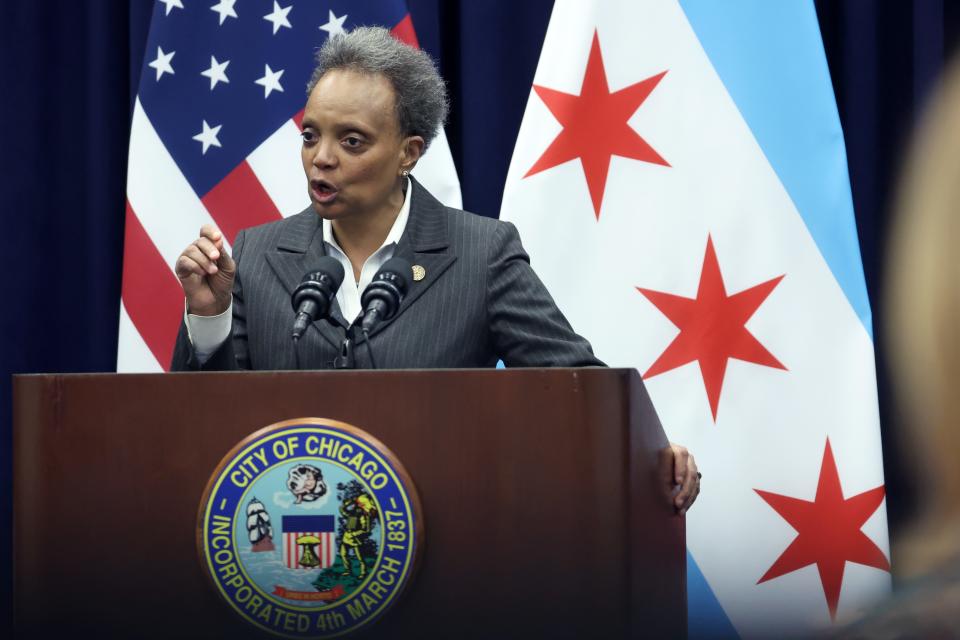 Chicago Mayor Lori Lightfoot speaks to the media following a city council meeting on February 01, 2023 in Chicago, Illinois.