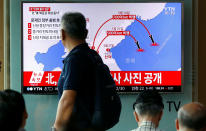 <p>A man walks past a TV broadcasting a news report on North Korea’s the Hwasong-14 missile, a new intercontinental ballistic missile, which they said was successfully tested, at a railway station in Seoul, South Korea, July 4, 2017. (Photo: Kim Hong-Ji/Reuters) </p>
