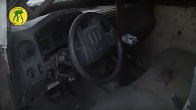 The rusty insides of the vehicle, the last thing a jihadist suicide bomber would of seen. Photo: YouTube