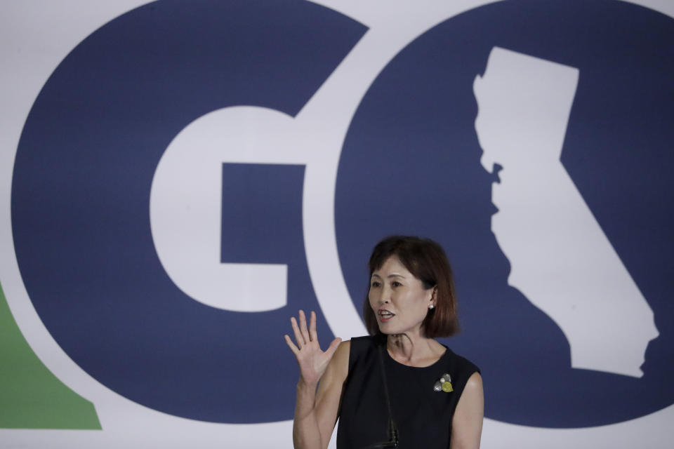 Michelle Steel, candidate for the 48th Congressional District speaks during the California GOP fall convention on Sept. 7, 2019, in Indian Wells, Calif. (AP Photo/Chris Carlson)