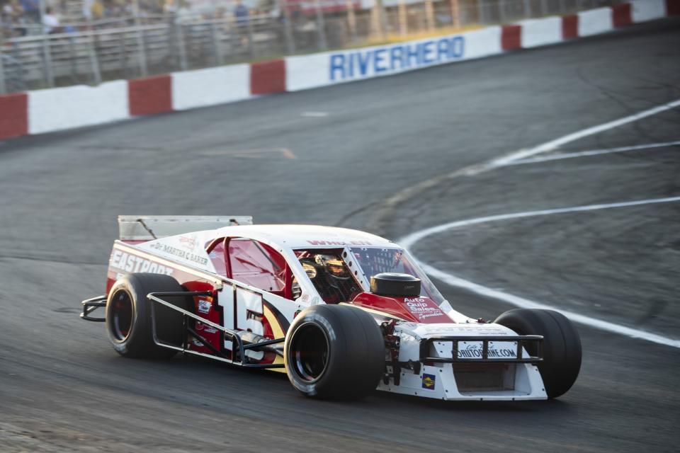 Kyle Soper, driver of the #15 Eastport Feeds Ford, during qualifying for the Miller Lite 200 for the Whelen Modified Tour at Riverhead Raceway on September 18, 2021 in Riverhead, New York. (Adam Glanzman/NASCAR)