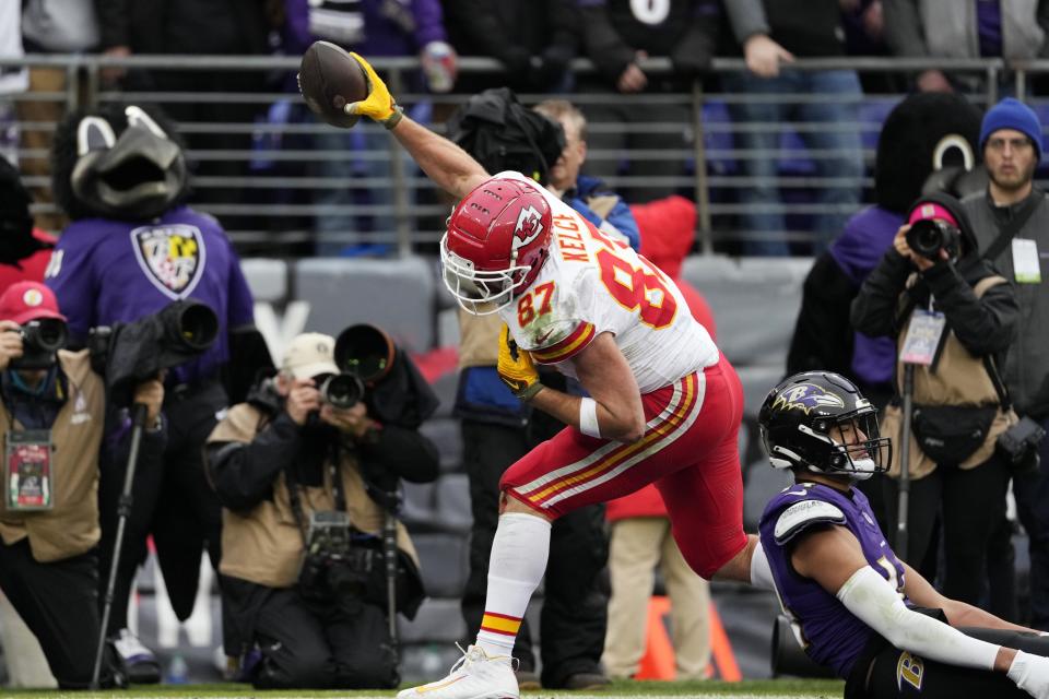 Kansas City Chiefs tight end Travis Kelce (87) celebrates his touchdown during the first half of the AFC Championship NFL football game against the Baltimore Ravens, Sunday, Jan. 28, 2024, in Baltimore. (AP Photo/Nick Wass)