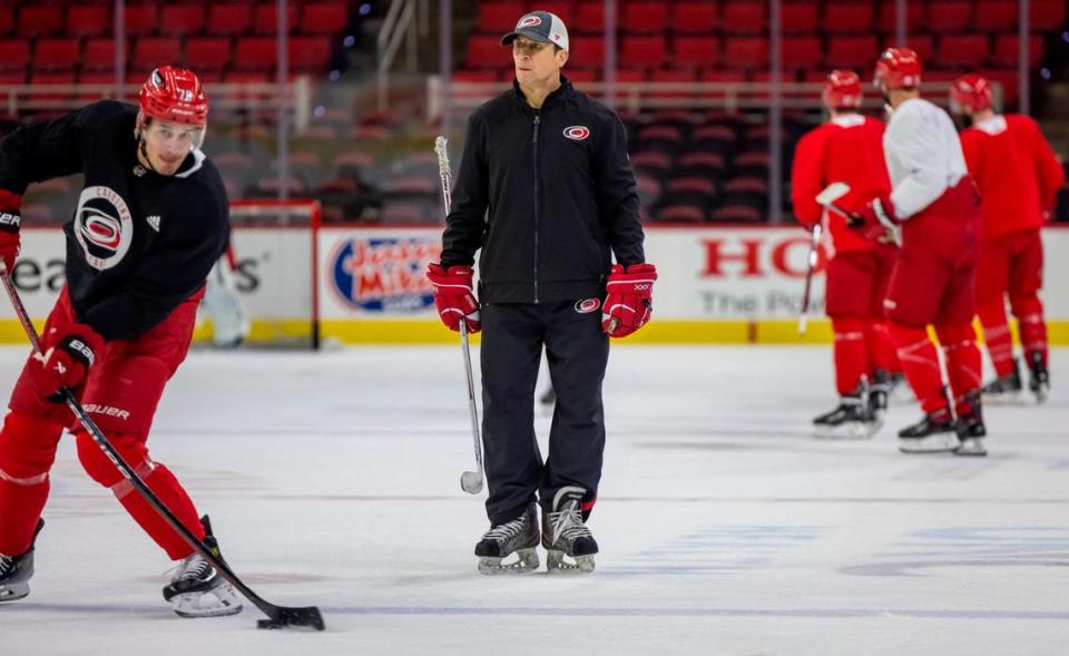 Carolina Hurricanes coach Rod Brind’Amour watches his players during their practice on Thursday, May 2, 2024 at PNC Arena in Raleigh, N.C.