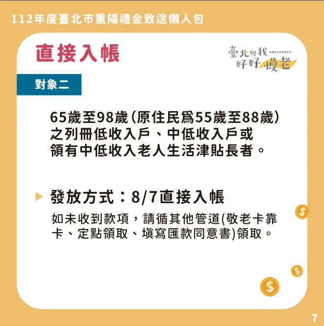 ▲重陽敬老金，（圖／社會局提供）