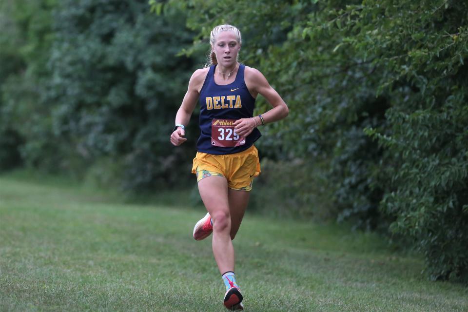 Delta junior Nicki Southerland broke her own record and won her third straight Delaware County cross country title at Cowan High School on Tuesday, Sept. 6, 2022.
