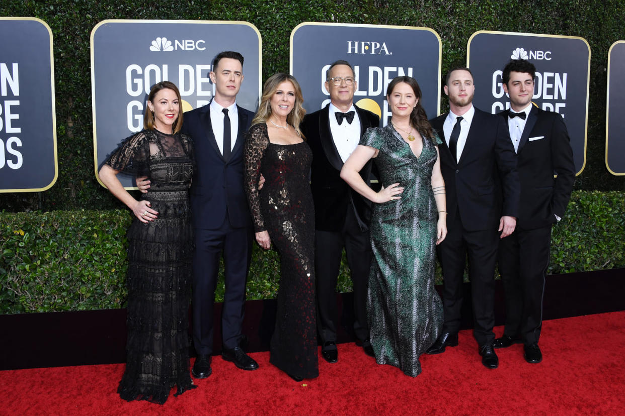 Colin Hanks' wife Samantha Bryant, Colin Hanks, Rita Wilson, Tom Hanks, Elizabeth Ann Hanks, Chet Hanks and Truman Theodore Hanks at the Golden Globe Awards at The Beverly Hilton Hotel on Jan. 5, 2020. (Jon Kopaloff / Getty Images)