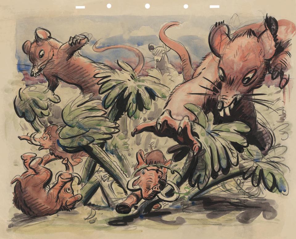 <p>“…and when mice were gigantic. Since elephants never forget, now that the situation is reversed they remain terrified of mice to this day.” (Credit: James Bodrero/Disney/Chronicle Books) </p>