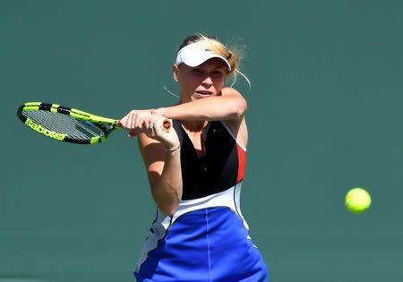 Mar 12, 2018; Indian Wells, CA, USA; Caroline Wozniacki (DEN) during her third round match against Aliaksandra Sasnovich (not pictured) in the BNP Paribas Open at the Indian Wells Tennis Garden. Mandatory Credit: Jayne Kamin-Oncea-USA TODAY Sports