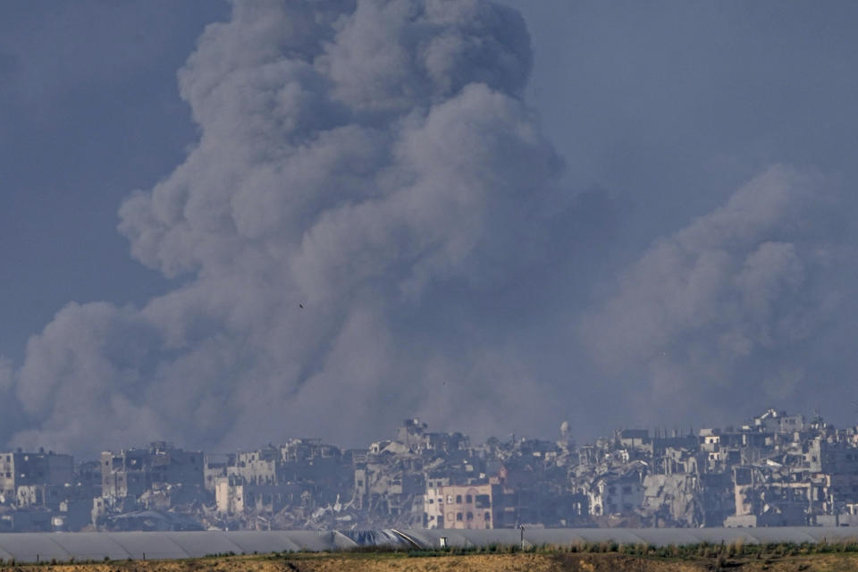 Smoke rises following an Israeli bombardment in the Gaza Strip, as seen from southern Israel , Wednesday, Dec. 6, 2023. (AP Photo/Ariel Schalit)