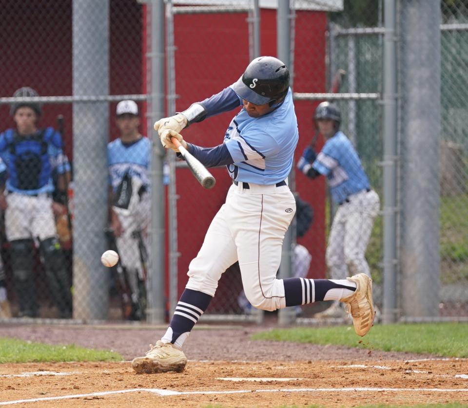Suffern's Connor Southwell (9) makes contact for a hit during a game against North Rockland on April 27, 2023.