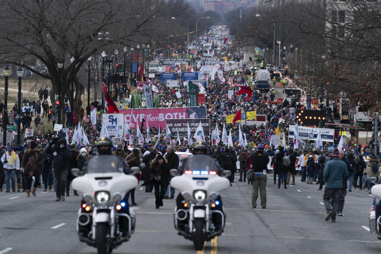 FILE - Anti-abortion activists march towards the U.S. Supreme Court during the March for Life in Washington, Jan. 21, 2022. Anti-abortion activists will have multiple reasons to celebrate – and some reasons for unease -- when they gather Friday, Jan. 20, 2023 in Washington for the annual March for Life. The march has been held since January 1974 – a year after the U.S. Supreme Court’s Roe v. Wade decision established a nationwide right to abortion. (AP Photo/Jose Luis Magana, File)