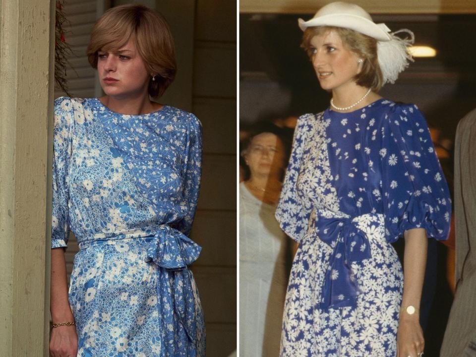 the crown princess diana real outfits vs show emma corrin