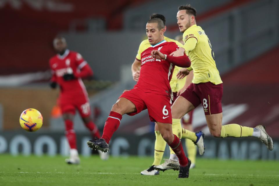 Thiago in action for Liverpool against Burnley (POOL/AFP via Getty Images)