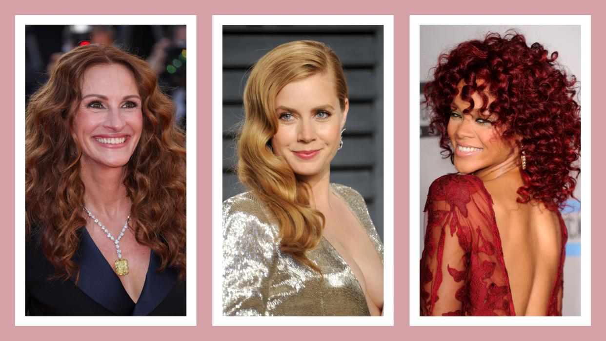  Julia Roberts, Amy Adams and Rihanna pictured with variations of red hair, in dark pink 3-picture template. 