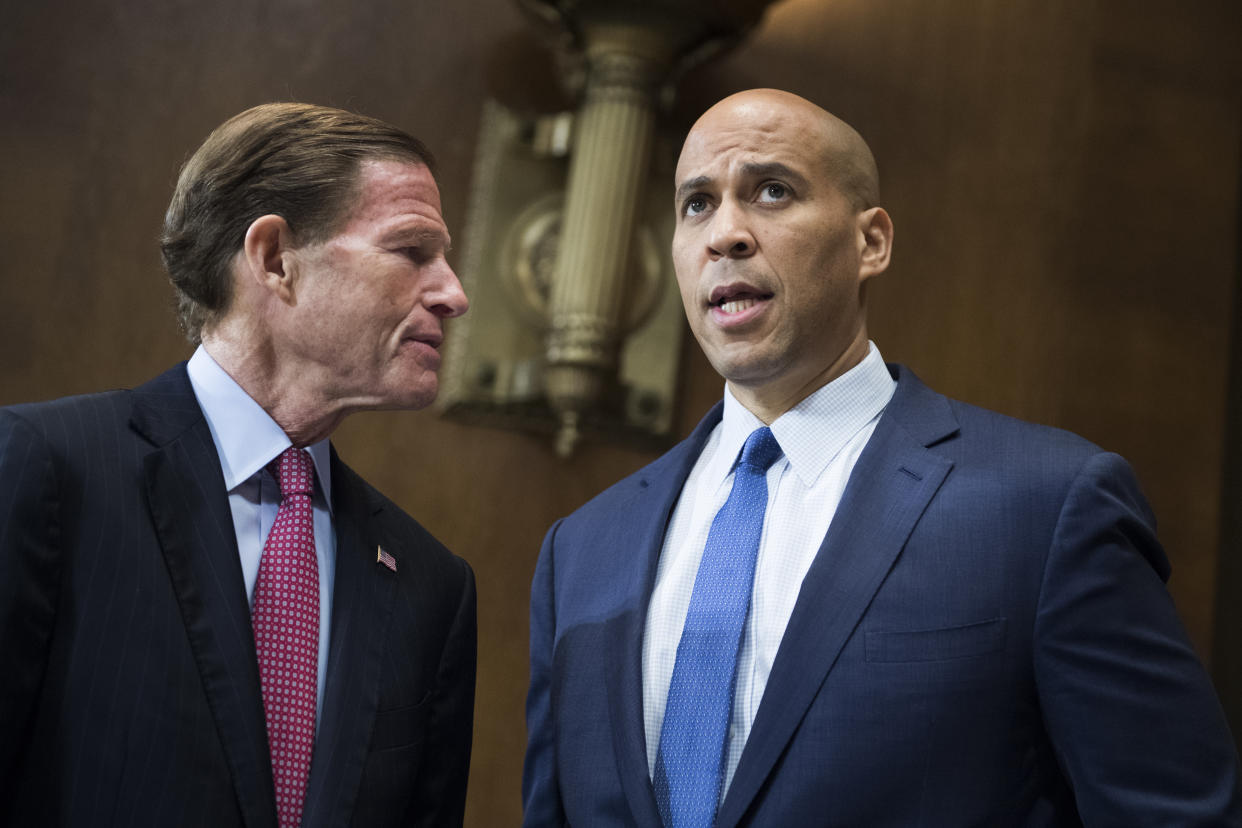 Sens. Cory Booker (D-N.J.), and Richard Blumenthal (D-Conn.) look on during a meeting of the Senate Judiciary Committee. (Tom Williams/CQ Roll Call)