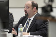 Prosecutor Eric Linder addresses the court during a first appearance hearing for NFL free agent Antonio Brown, Friday, Jan. 2,4 0202, at the Broward County Courthouse in Fort Lauderdale, Fla. Brown was granted bail on Friday after turning himself in at a Florida jail on charges that he and his trainer attacked the driver of a moving truck that carried some of his possessions from California. (Amy Beth Bennett/South Florida Sun Sentinel via AP, Pool)