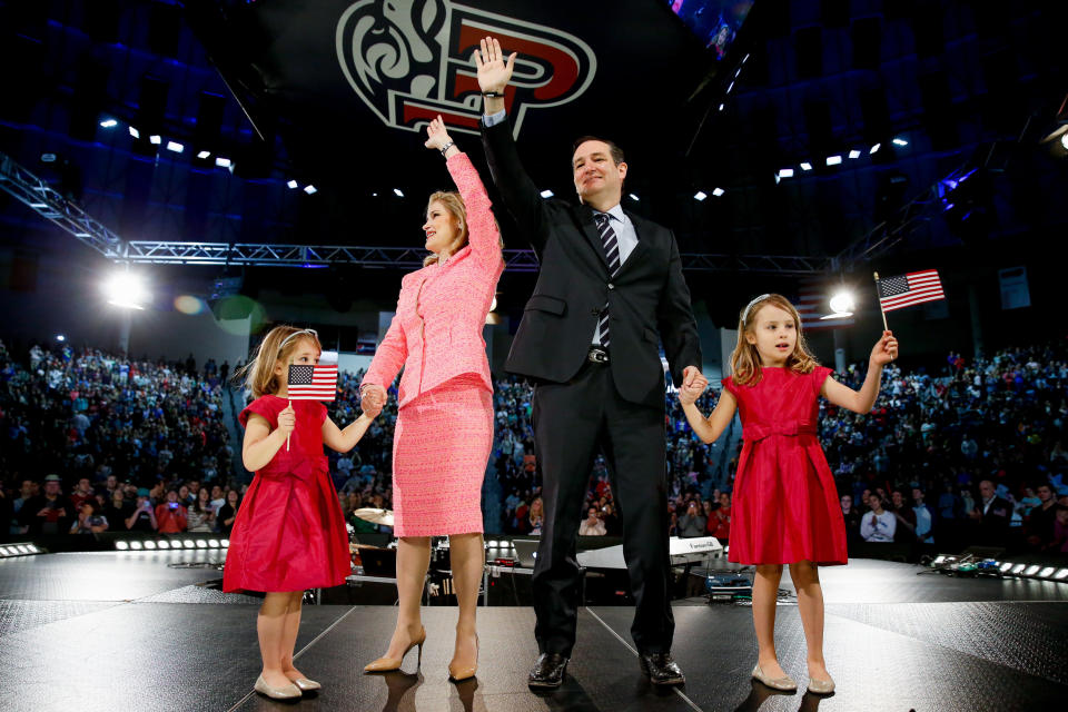 Sen. Ted Cruz (R-Texas), his wife Heidi and their two daughters wave on stage after he announced his campaign for president, Monday, March 23, 2015 at Liberty University, in Lynchburg, Va. Cruz, who announced his candidacy on Twitter in the early morning hours, was the first major candidate to officially enter 2016 race for president.