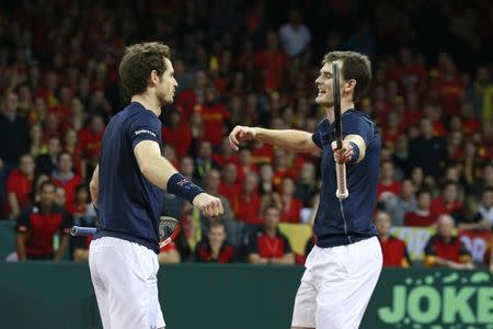 Tennis - Belgium v Great Britain - Davis Cup Final - Flanders Expo, Ghent, Belgium - 28/11/15 Men's Doubles - Great Britain's Andy Murray and Jamie Murray celebrate winning their match against Belgium's Steve Darcis and David Goffin Action Images via Reuters / Jason Cairnduff Livepic