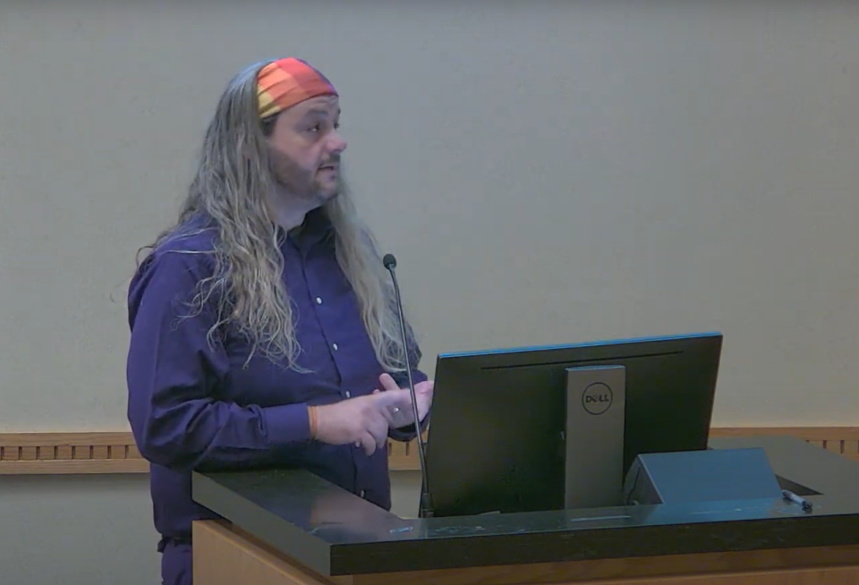 Kevin Vaughan, a drag show promoter, talks about the proposed ordinance that would restrict drag shows to downtown Branson at the Branson Board of Aldermen meeting on Tuesday, July 25, 2023.