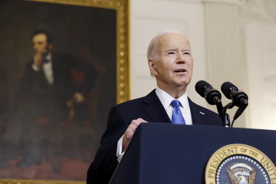 WASHINGTON, DC - FEBRUARY 13: U.S. President Joe Biden speaks on the Senate's recent passage of the National Security Supplemental Bill, which provides military aid to Ukraine, Israel and Taiwan, in the State Dining Room of the White House on February 13, 2024 in Washington, DC. During his remarks Biden urged House Republicans and U.S. Speaker of the House Mike Johnson (R-LA) to move the legislation through the House of Representatives. (Photo by Anna Moneymaker/Getty Images)