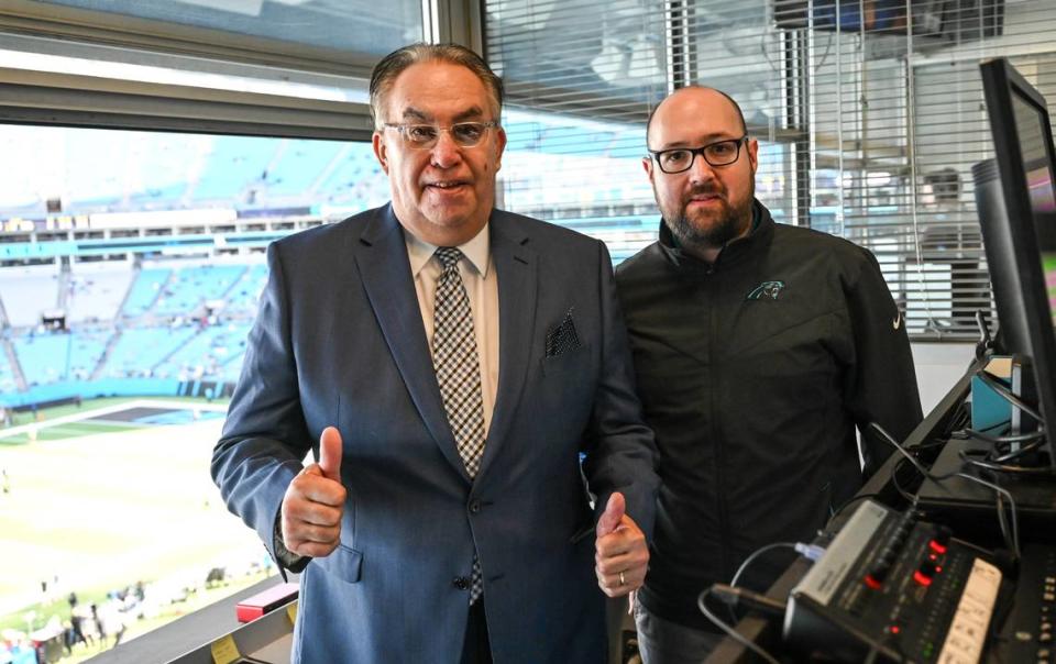 Carolina Panthers Spanish broadcasters Jaime Moreno, left, and Antonio Ramos in their studio before the game against the Packers at Bank of America Stadium on Sunday, December 24, 2023. Moreno and Ramos bring excitement to the 2023 season and representation to Charlotte’s Hispanic sports culture.