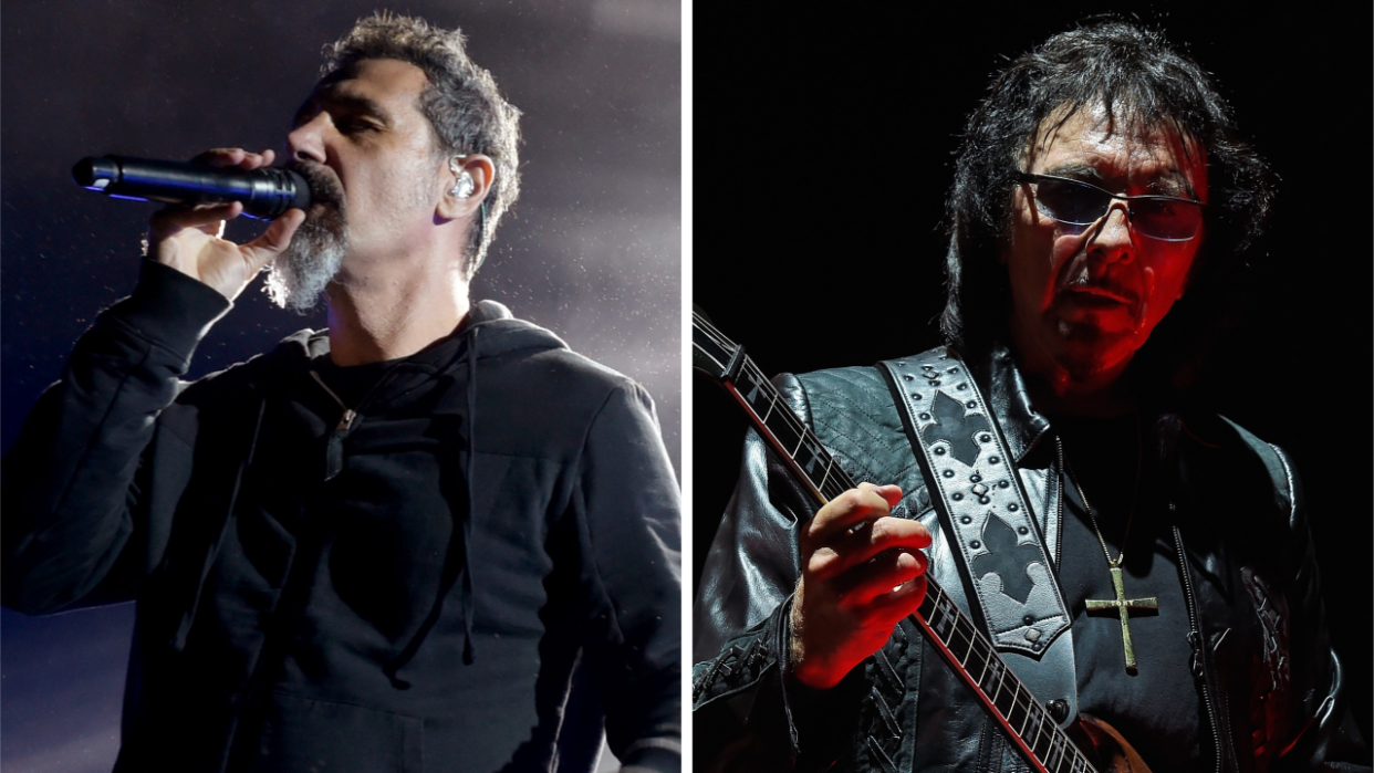  Photos of Serj Tankian and Tony Iommi performing onstage. 