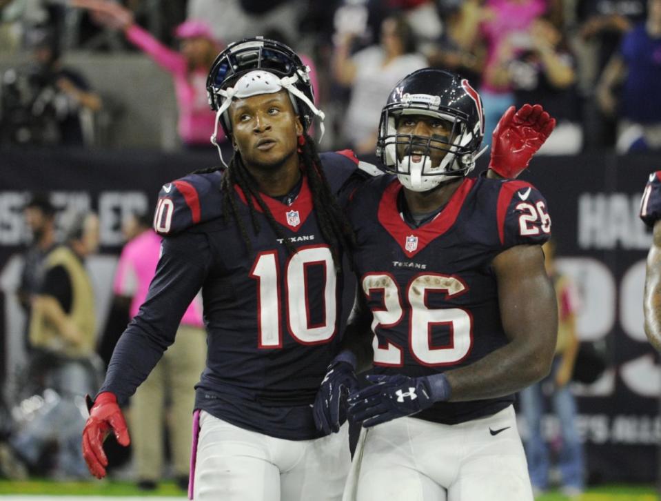 Houston Texans wide receiver DeAndre Hopkins and running back Lamar Miller during a game against the Indianapolis Colts. (AP Photo/Eric Christian Smith)