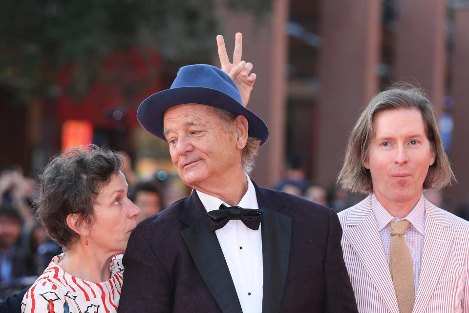 ROME, ITALY - OCTOBER 19:  Bill Murray, Frances McDormand and Wes Anderson walk a red carpet during the 14th Rome Film Festival on October 19, 2019 in Rome, Italy. (Photo by Daniele Venturelli/WireImage,)