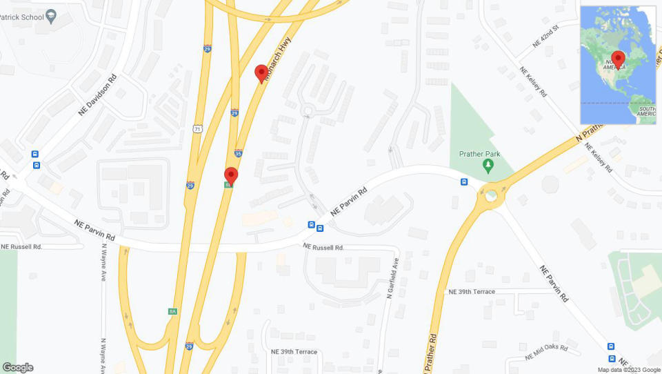 A detailed map that shows the affected road due to 'Broken down vehicle on northbound I-35 North in Kansas City' on November 24th at 5:17 p.m.