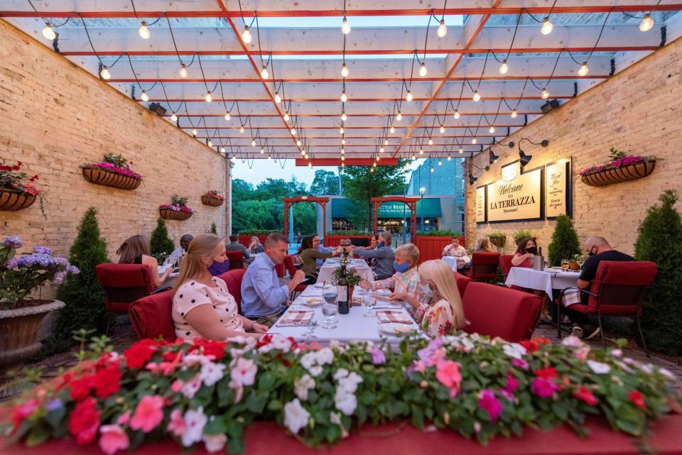 The courtyard patio called La Terrazza at Ristorante Bartolotta in Wauwatosa is open air but sheltered on three sides. Expected to be open through November as weather permits, the patio has propane heaters and blankets on request.