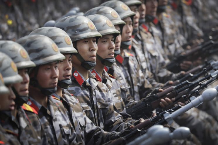 North Korea soldiers take part in a display of military might in Pyongyang (AP)