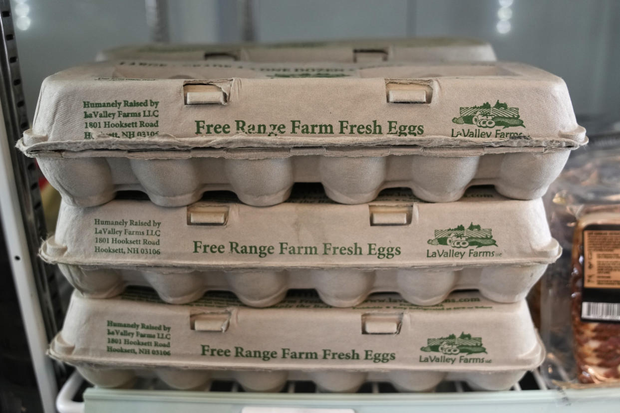 Locally grown, free-range fresh eggs are displayed in a store case during a visit by Tom Vilsack, U.S. Secretary of Agriculture, at Fresh Start Food Hub & Market, Thursday, June 15, 2023, in Manchester, N.H. The U.S. Department of Agriculture is seeding agricultural producers and food businesses with millions of dollars in investments designed to improve markets, create and strengthen jobs, control rising food prices and improve nutrition, Secretary Tom Vilsack said Thursday. (AP Photo/Charles Krupa)