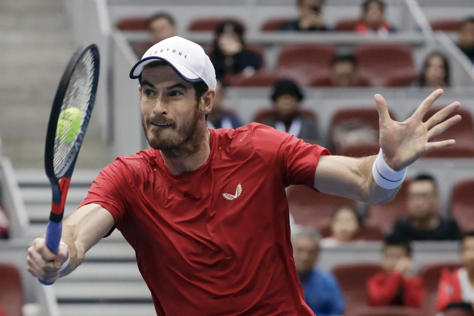 FILE - In this Oct. 4, 2019, file photo, Andy Murray of Britain hits a shot against Dominic Thiem of Austria during their men's singles quarterfinal match in the China Open tennis tournament at the Diamond Court in Beijing. Murray is scheduled to play in the U.S. Open, scheduled for Aug. 31-Sept. 13, 2020.(AP Photo/Mark Schiefelbein, File)