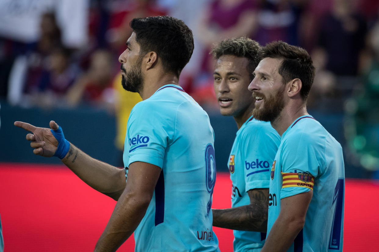 HYATTSVILLE , NJ - JULY 26: Neymar #11 of Barcelona  celebrates his goal with Lionel Messi #10 of Barcelona and Luis Suarez #9 of Barcelona during the International Champions Cup match between FC Barcelona and Manchester United at the FedEx Field on July 26, 2017 in Hyattsville , NJ. FC Barcelona won the match with a score of 1 to 0.  (Photo by Ira L. Black/Corbis via Getty Images)