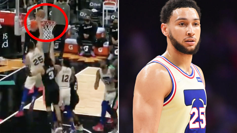 Ben Simmons tipped in a Joel Embiid miss to hand the Philadelphia 76ers a crucial victory over the San Antonio Spurs in overtime. Pictures: Sportscentre/Getty Images