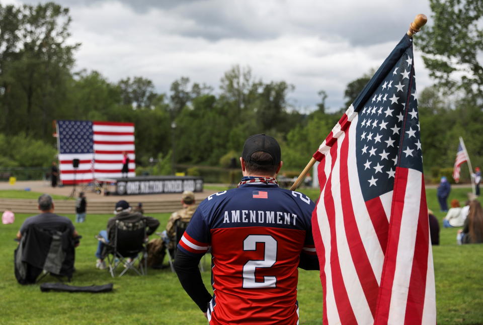 People gather at Riverfront Park for the May Day Second Amendment rally in Salem, Oregon, U.S., May 1, 2021. REUTERS/Alisha Jucevic