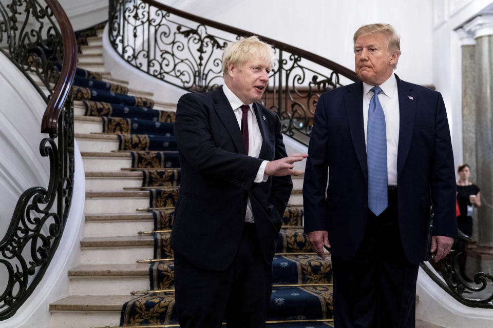 President Donald Trump and Britain's Prime Minister Boris Johnson, left, speak to the media before a working breakfast meeting at the Hotel du Palais on the sidelines of the G-7 summit in Biarritz, France, Sunday, Aug. 25, 2019. (Erin Schaff, The New York Times, Pool)