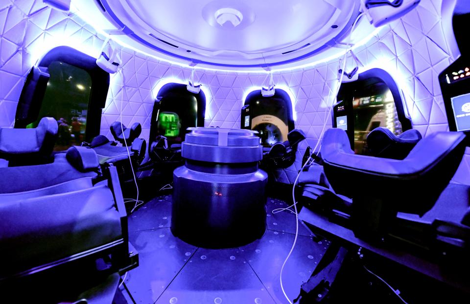 A peek inside Blue Origin's New Shepard crew capsule at the Kennedy Space Center Visitor Complex.