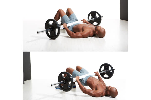 How to do it:<ol><li>Lie on your back on the floor with legs extended.</li><li>Roll the bar up your thighs until the bar sits on your lap (you may want to place a towel on your hips or attach a pad to the bar for comfort).</li><li>Brace your abs and drive your heels into the floor to extend your hips, raising them until they’re in line with your torso.</li><li>Simply slide your body under the bar after you’ve rested, and begin the glute bridges.</li></ol>Pro tip<p>You can also do a one-leg variation. If you find it difficult to use a barbell, use your bodyweight or free weights (weight plate or dumbbells). </p><p>To make a one-leg variation harder, inch yourself close to a wall or bench so your trunk is about a foot away. Bring your planted leg flat onto the surface. From here, raise your "non-working leg" up into the air, keeping your knee bent. As you raise up into the glute bridge, drive your heel against the surface, raising your hips. </p>