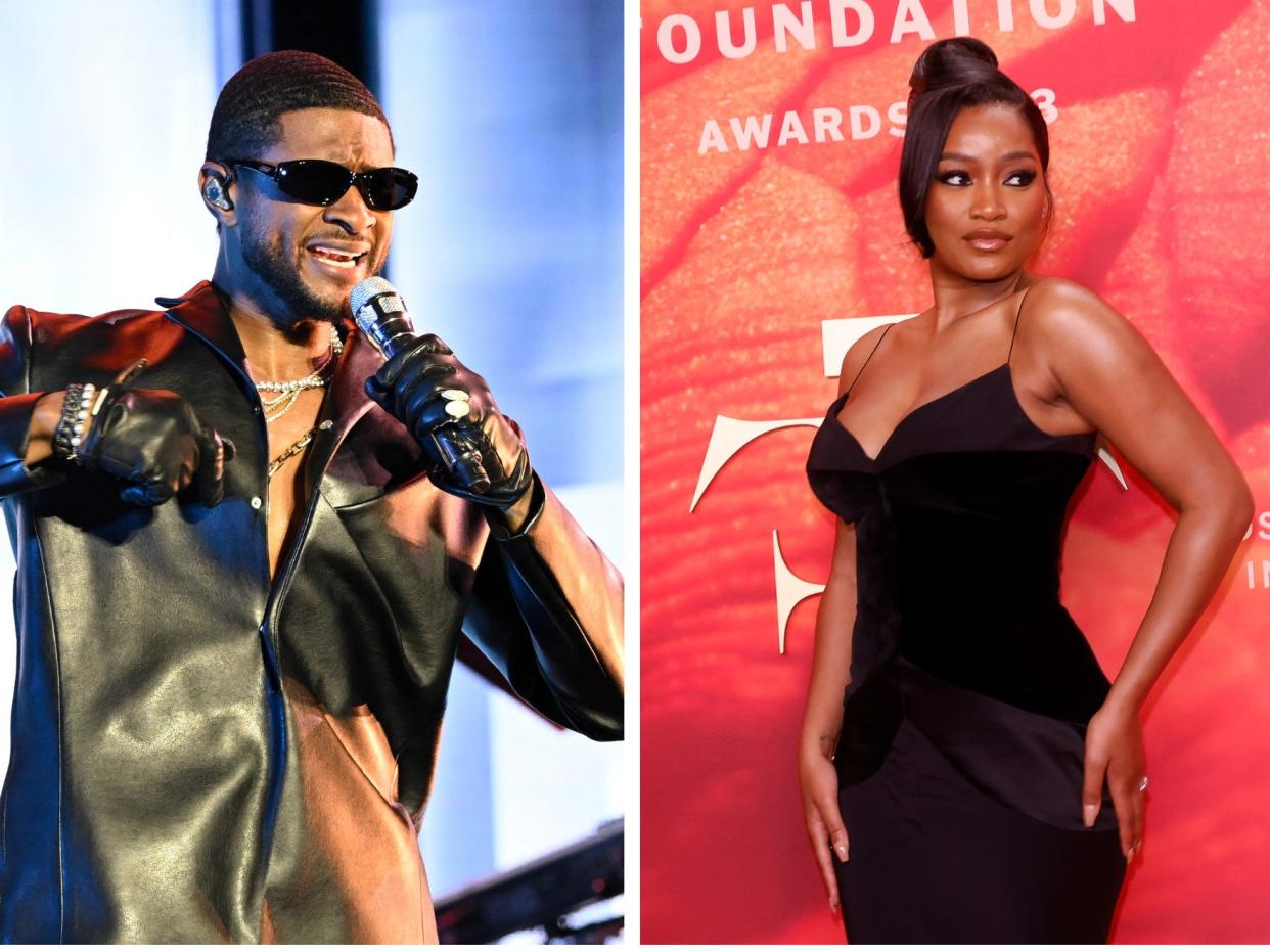 A collage of Usher performs during the Lovers & Friends music festival at the Las Vegas Festival Grounds on May 06, 2023 in Las Vegas, Nevada, with a photo of Keke Palmer at the 2023 Fragrance Foundation Awards at David H. Koch Theater at Lincoln Center on June 15, 2023 in New York City.