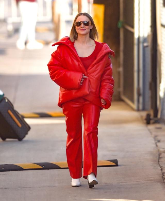 Kristen Bell Pops in Red Leather Outfit & White '70s Boots for