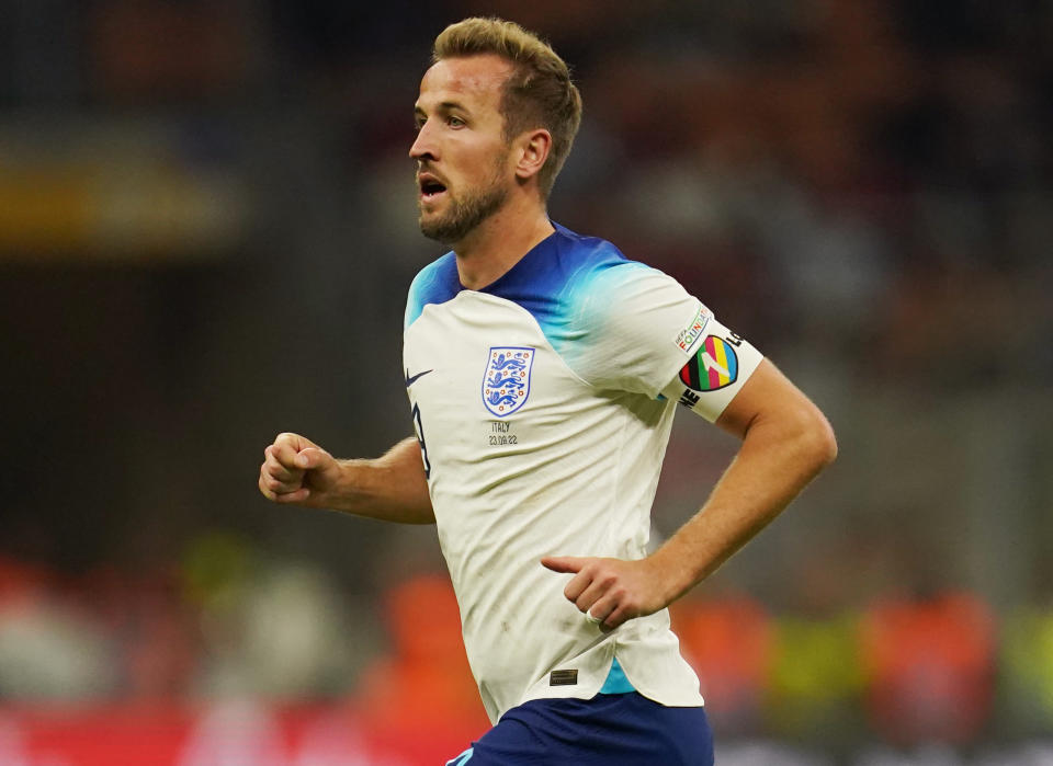 England's Harry Kane with UEFA One Love armband during the UEFA Nations League Group C Match at San Siro Stadium, Italy. Picture date: Friday September 23, 2022.
