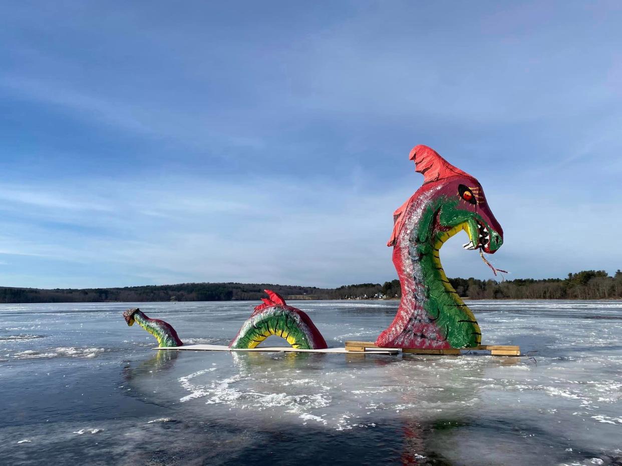 NorPondapuss, a serpent built by volunteers, was supposed to sit on the ice of Quaboag Pond until the spring melt.