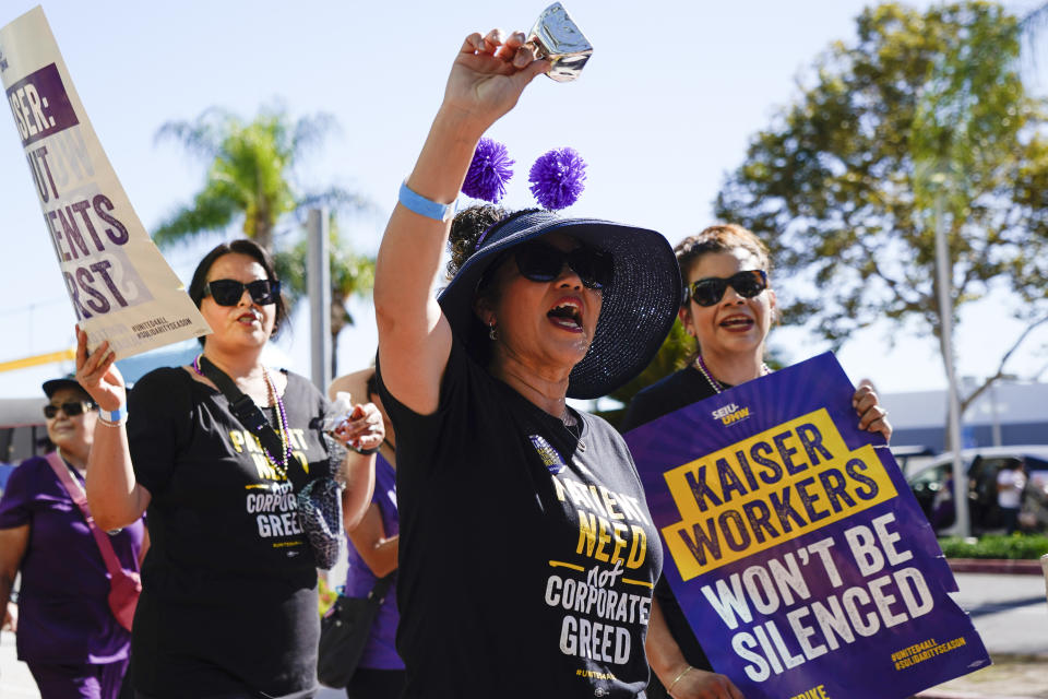 Kaiser Permanent workers picket Thursday, Oct. 5, 2023, in Baldwin Park, Calif. Some 75,000 Kaiser Permanente hospital employees who say understaffing is hurting patient care walked off the job in five states and the District of Columbia, kicking off a major health care worker strike.(AP Photo/Ryan Sun)