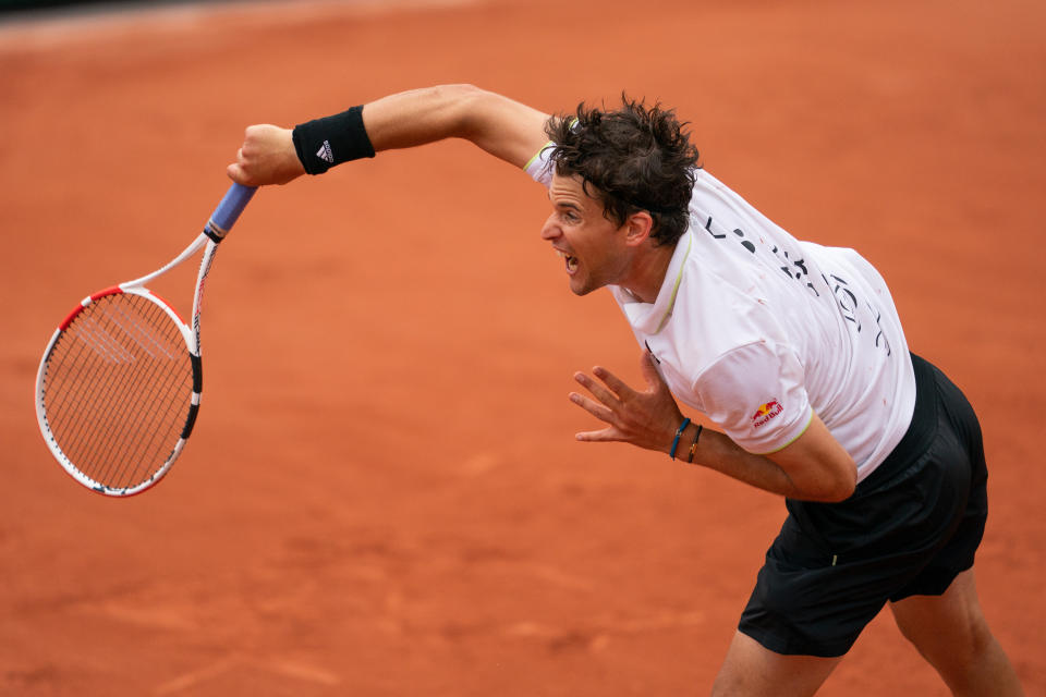 PARIS, FRANCE - MAY 22: Dominic Thiem of Austria in action against Hugo Dellien (not seen) of Bolivia in their menâs first round match during the French Open tennis tournament at Roland âGarros in Paris, France on May 22, 2022. (Photo by Mine Kasapoglu/Anadolu Agency via Getty Images)