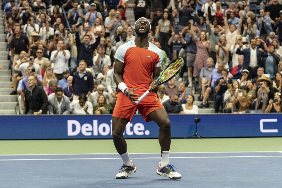 Frances Tiafoe of USA reacts after victory in quarterfinal of US Open Championships