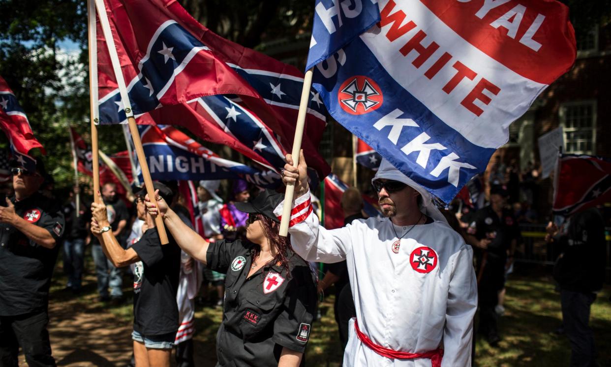 <span>The Ku Klux Klan protests on 8 July 2017 in Charlottesville, Virginia. According to the ADL, McClanahan wrote for a Klan-linked newsletter ‘about his radicalisation in the wake of the Unite the Right rally in 2017’.</span><span>Photograph: Chet Strange/Getty Images</span>