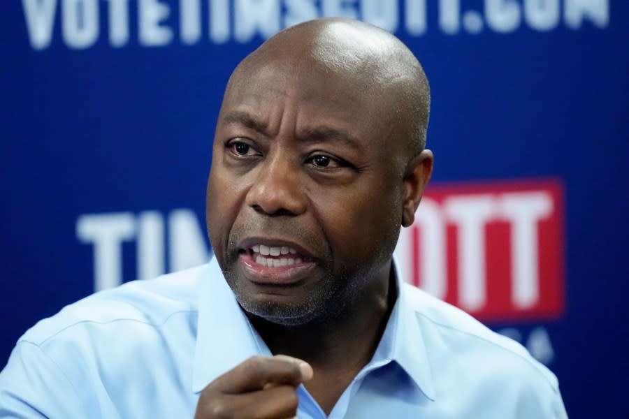 FILE - Republican presidential candidate South Carolina Sen. Tim Scott speaks during a campaign event with the New Hampshire Federation of Republican Women, Thursday, May 25, 2023, in Manchester, N.H. (AP Photo/Robert F. Bukaty, File)