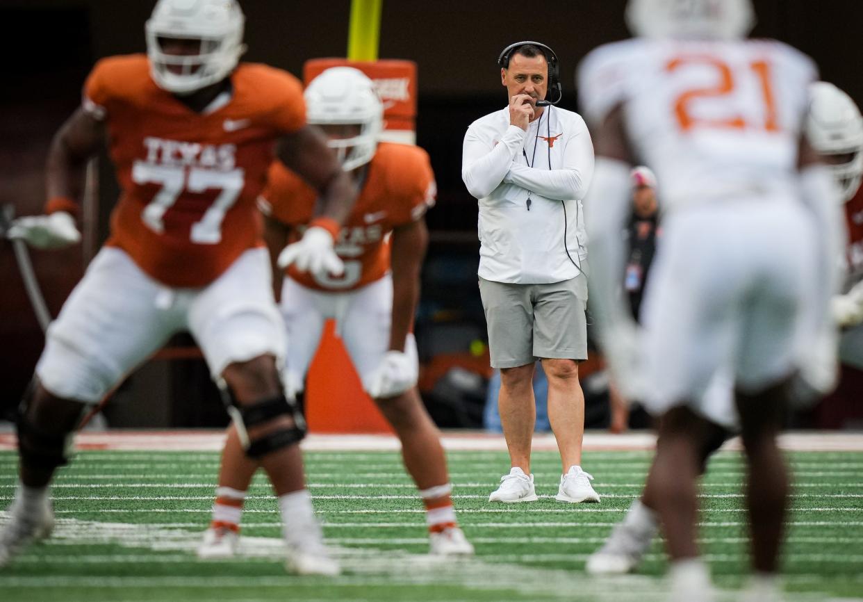 Texas head coach Steve Sarkisian watches his team during Saturday's Orange-White spring game at Royal-Memorial Stadium. Texas opens the 2024 season on Aug. 31 at home against Colorado State.